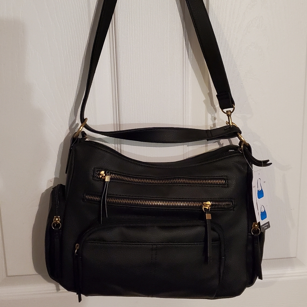 Time and Tru Black Women's Purse Casual Shoulder Convertable Straps Zipper Pouch